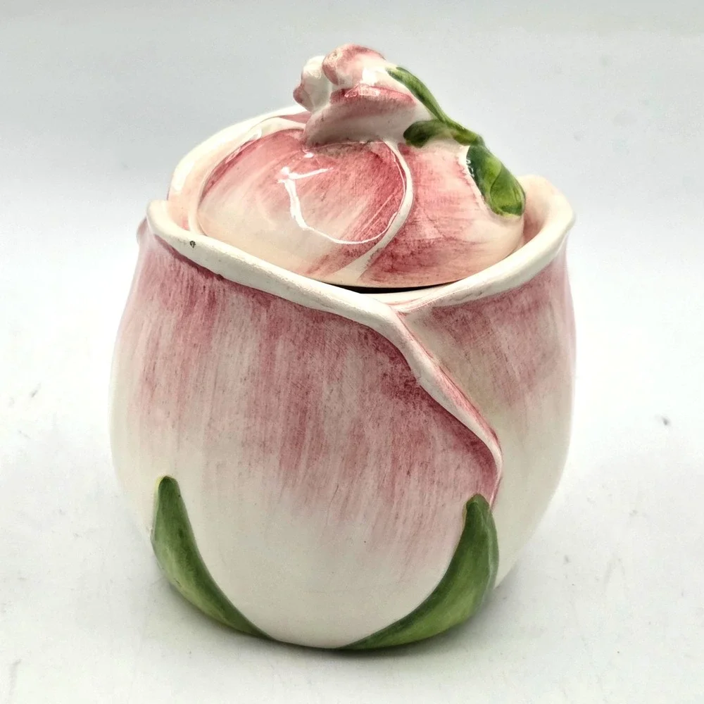 European Style Pink Rose Bud Shaped  Sugar Bowl with Lid Vintage